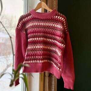 Dreamers crochet knit sweater large pink striped boho chunky pullover